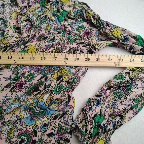 Boden Ruffle Neck Blouse Womens US 12 Pink Floral Lemon Lime Print - Picture 13 of 14